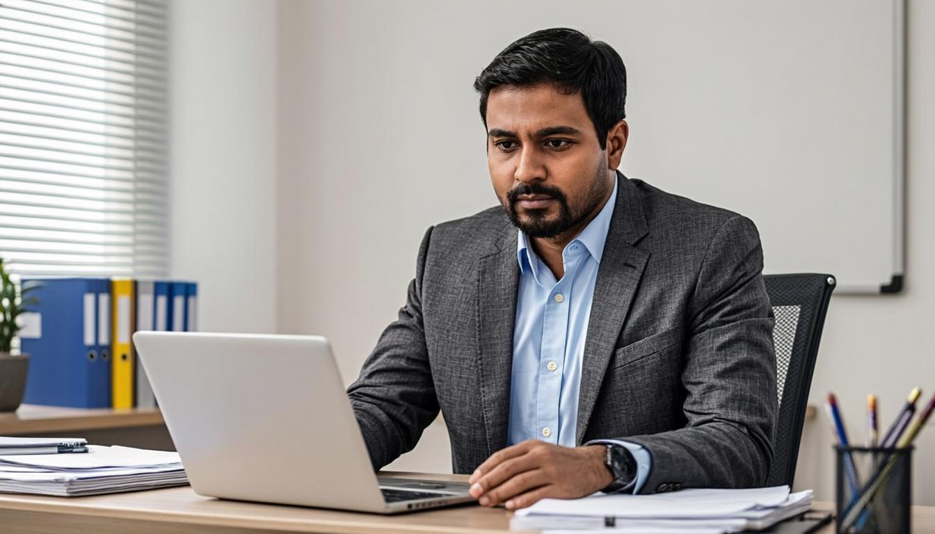 Indian school administrator reviewing records at a modern desk