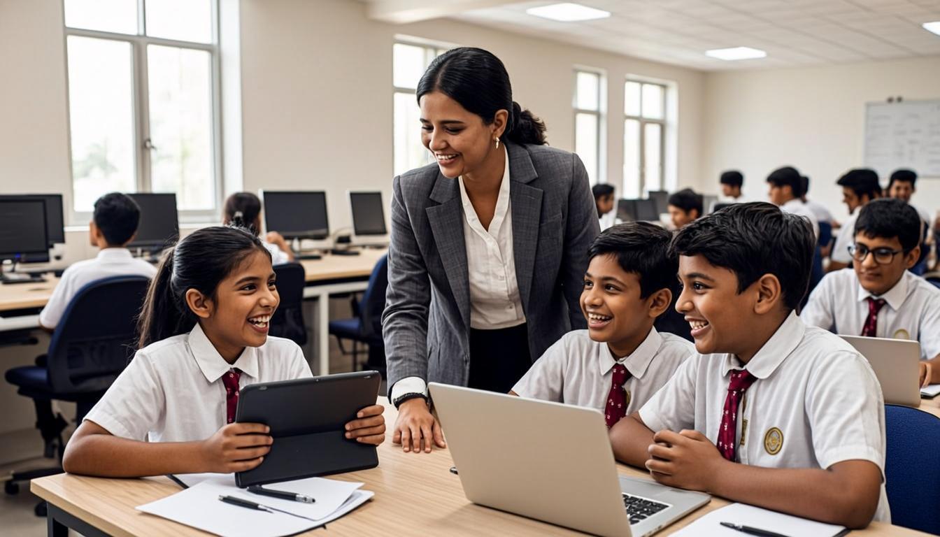 Indian school children learning with tablets and laptops in a modern computer lab