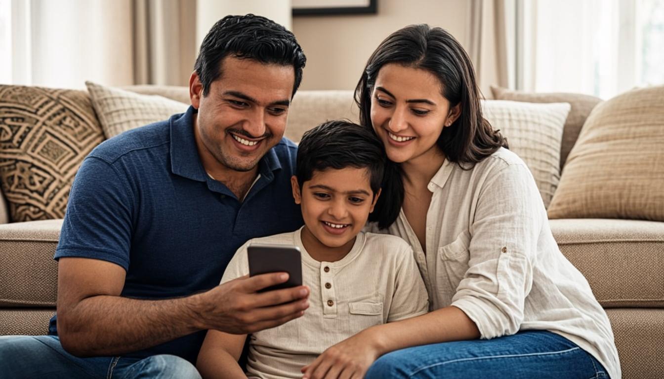 Happy Indian parents with their school-age child looking at a smartphone together at home