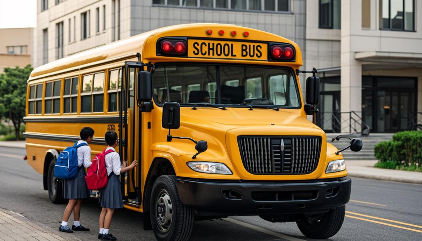 Indian school bus with a student in uniform boarding at the school gate